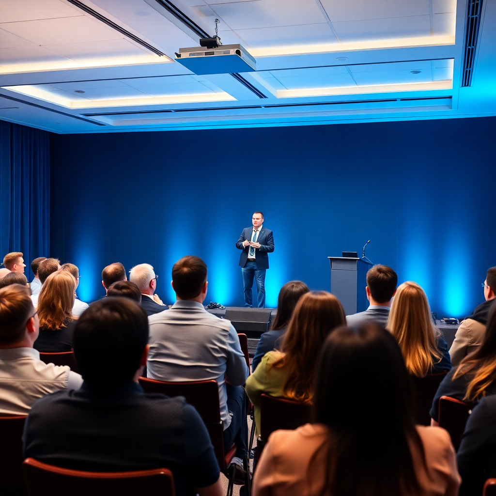 business training seminar with engaged audience, professional setting with blue and green accents, motivational speaker on stage