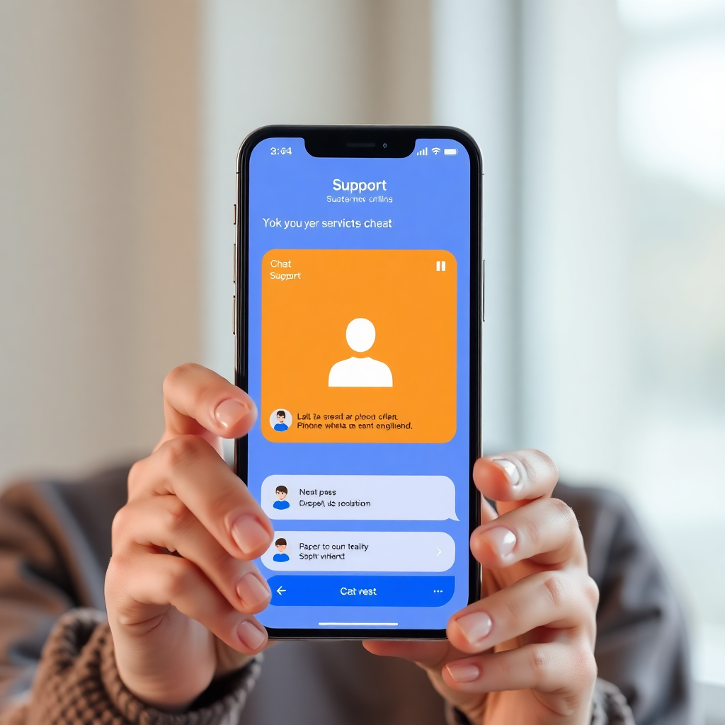 person looking at mobile app with support chat open, customer service concept